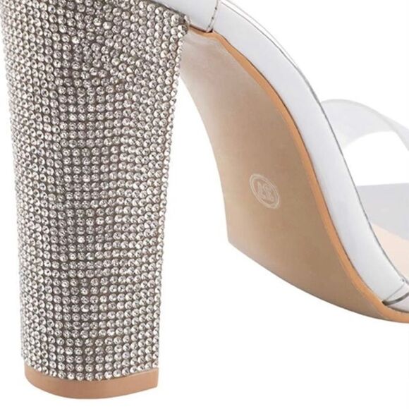 Silver High Heel Sandals with Rhinestone Block Heel - Picture 2 of 8